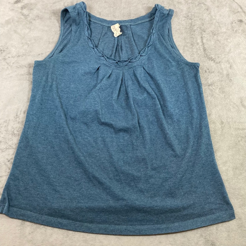 Aventura Womens Tank Top Large Blue Heathered Scoop Neck Braided Trim Pleated L